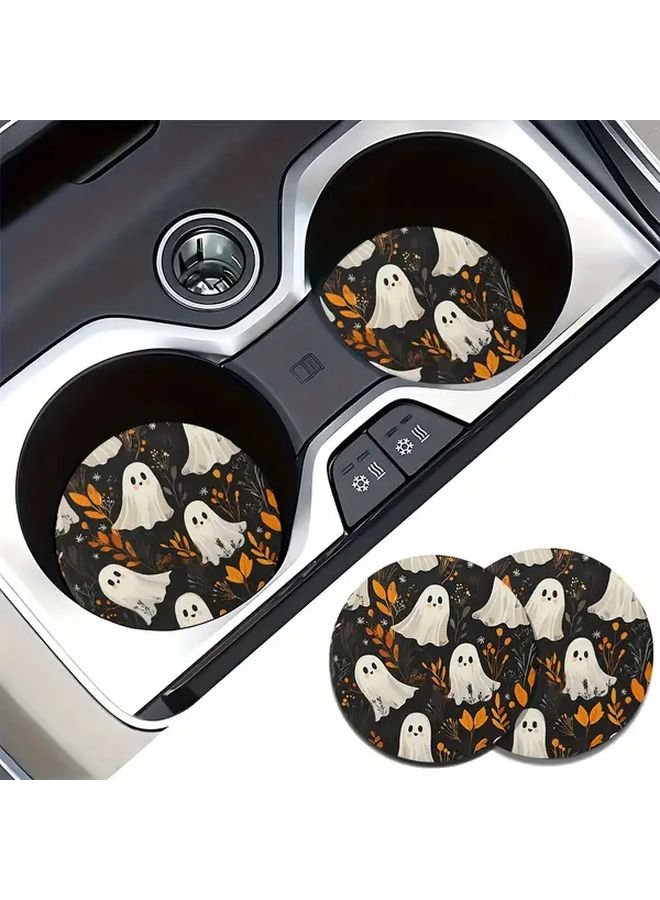 2pcs Halloween Car Coasters Non Slip Rubber Cup Holders Spooky Ghosts Pumpkins Design - Image 1